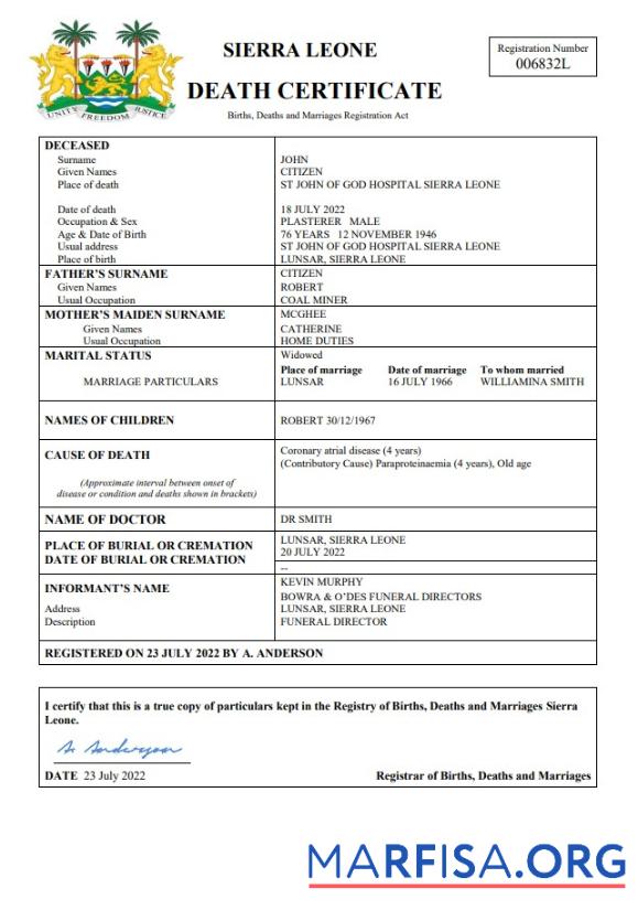 Downloadable Sierra Leone death certificate Word and PDF template